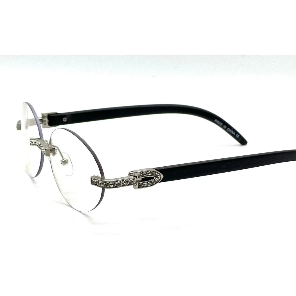 Rimless Sunglasses Rhinestone Silver Clear Lens Wood Grain Arm Men‎ Street Wear